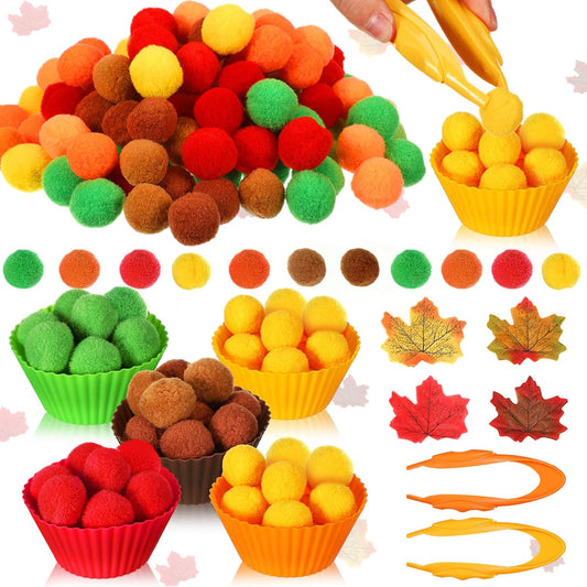 Hotop 312 Pieces Fine Motor Toys Counting Sorting Fall Thanksgiving Decorations 100 Pcs Assorted Pompoms 200 Pcs Artificial Maple Leaves 2 Pcs Tweezers 10 Pcs Cups for Autumn Thanksgiving Decoration