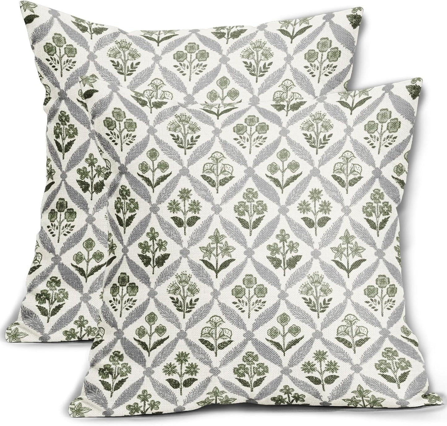 Blue Green Floral Block Print Pillow Covers 12X20 Set of 2, Flower Pattern Spring Summer Print Decorative Throw Pillow Covers Outdoor Farmhouse Seasonal Cushion Case Couch Sofa Bed Decor