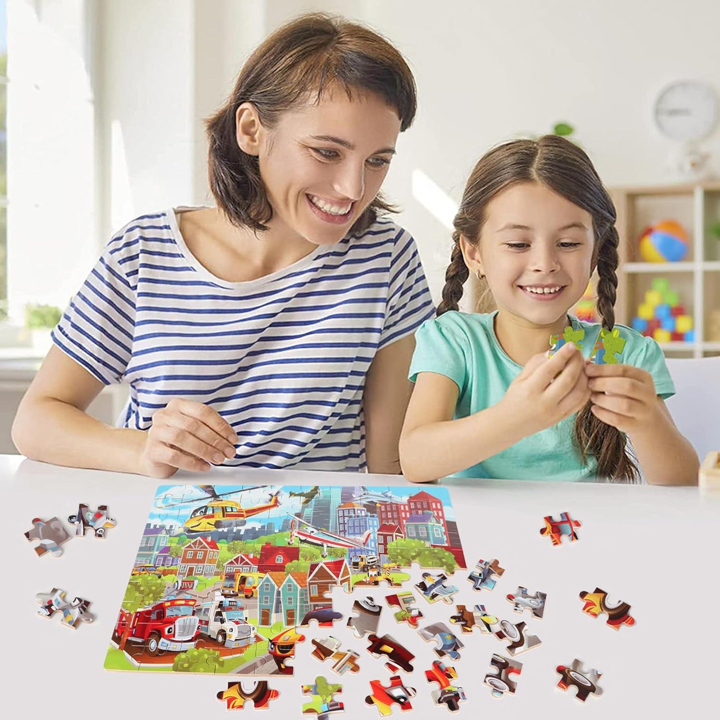 LELEMON 100 Pieces Jigsaw Puzzles in a Metal Box for Kids Age for 4-8 Boys Girls Toy Puzzles Construction Site Vehicles Children Learning Educational Puzzles Toys