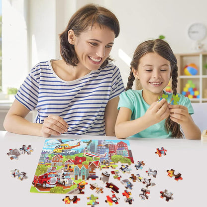 LELEMON 100 Pieces Jigsaw Puzzles in a Metal Box for Kids Age for 4-8 Boys Girls Toy Puzzles Construction Site Vehicles Children Learning Educational Puzzles Toys