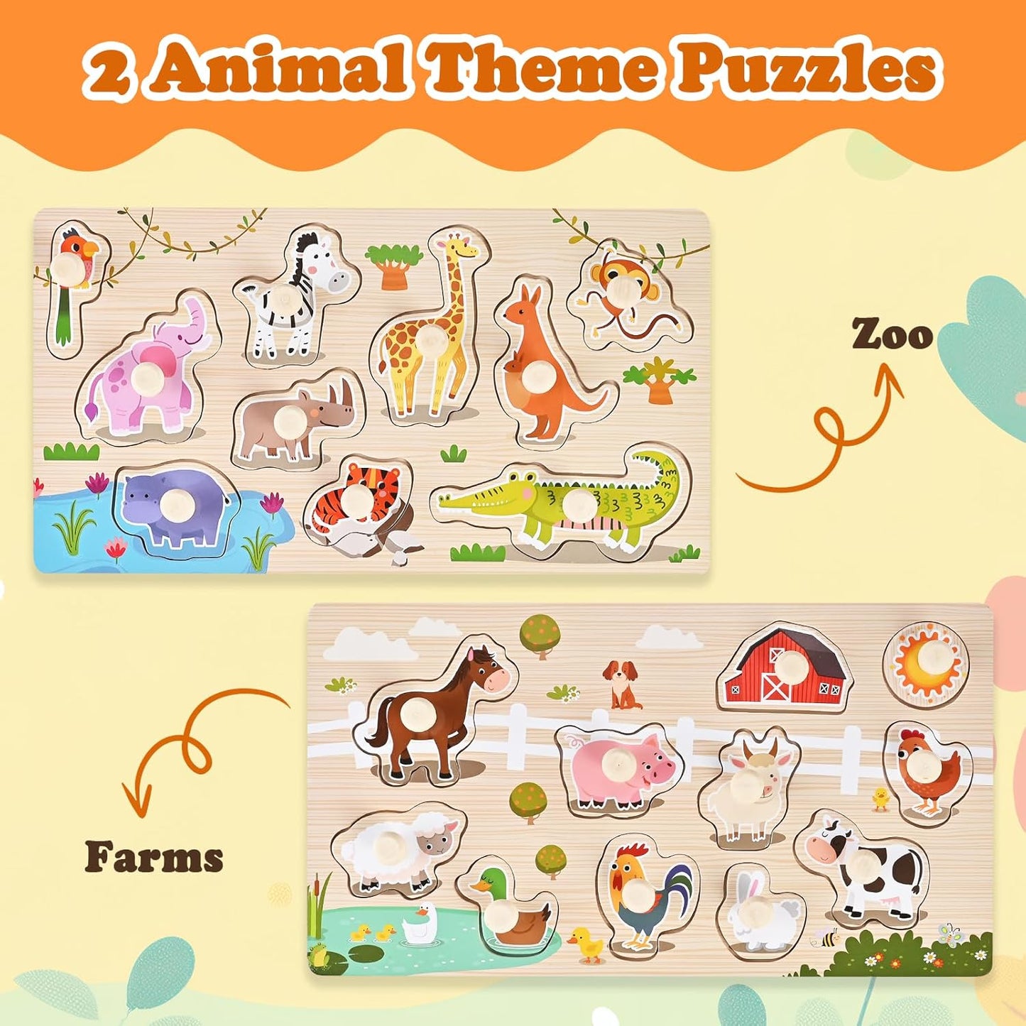 Wooden Peg Puzzles for Toddlers 1-3, 2 Pcs Montessori Puzzles, Animal & Sea Themes Puzzles, Great Preschool Educational Learning Gifts for Girls and Boys