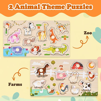 Wooden Peg Puzzles for Toddlers 1-3, 2 Pcs Montessori Puzzles, Animal & Sea Themes Puzzles, Great Preschool Educational Learning Gifts for Girls and Boys
