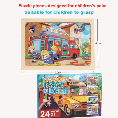 4 Sets of Wooden Puzzles, Each Set has 24 Pieces, Including Castle Unicorn Princess, for Toddlers 3-5, Puzzles for Kids Ages 4-6, Preschool Educational Brain Teaser Toys for Girls 3 4 5 6 Years Old.