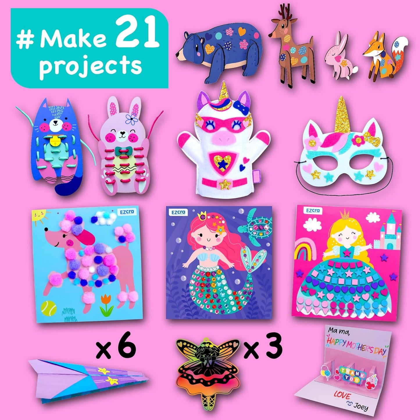 EZCRA Unicorn Craft Kits for Kids Ages 4-8 – 21 Projects in 1 Craft Box for Kids – All Inclusive No Mess Arts and Crafts Kit, Educational Activity Box for Girls