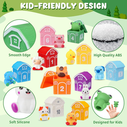 Montessori Toys for Toddlers 1 2 3 Years Old, Farm Animal Train Set with Counting Matching Sorting Activities 9 Barns, 10 Finger Puppets, 2 Stickers-Learning Toys for Baby Boys Girls, Preschool Gift