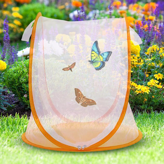 Butterfly Habitat Cage - 33x37cm Foldable Garden Mesh Net Cage with Zipper & Carry Handle, Portable InsectCage, Butterfly Growing Kit, Clear Mesh Enclosure Terrarium for Garden Outdoor Yard