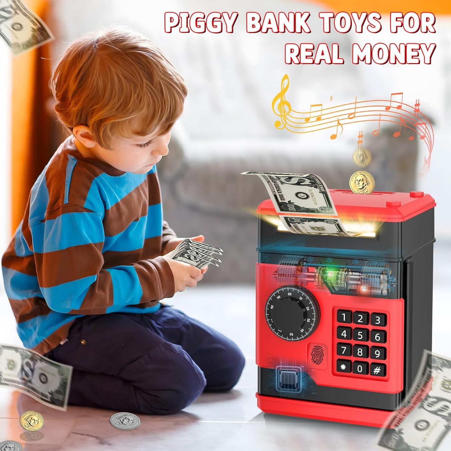 Piggy Bank, Automatic Electronic Piggy Bank for Kids Boys Girls with Password and Fingerprint Unlocking Simulation, Money Bank Kids Safe Toys for 3 4 5 6 7 8 9 10 Year Old Boy Girl (Black)