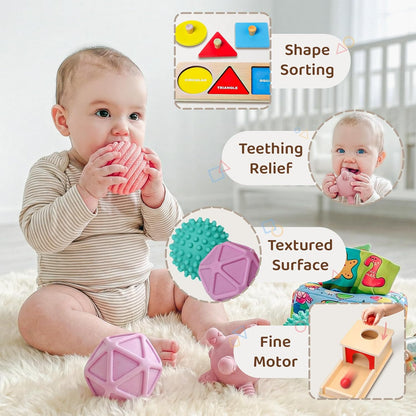 Montessori Toys for Babies 6-12 Months,1 Year Old,8 in 1 Learning Educational Set Wooden Sensory Toys for Baby Toys 12-18 Months (Includes Tissue Box Toy,Rainmaker and More)