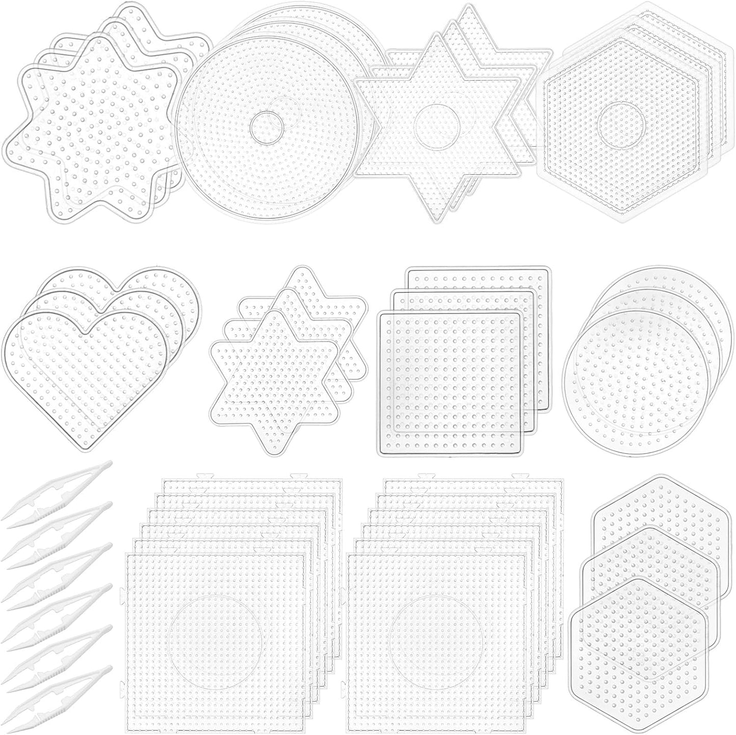 45 PCS 5mm Fuse Beads Pegboards Kit – 10 Shape Variety with 6 Tweezers, Large Clear Plastic Interlocking Bead Boards for DIY Fuse Beads Crafts (Adults)