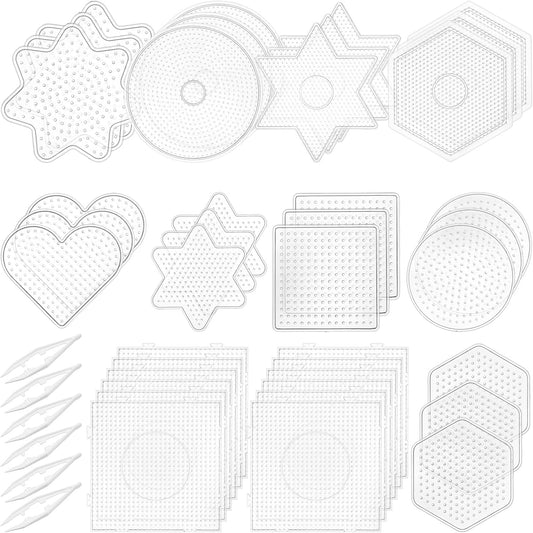 45 PCS 5mm Fuse Beads Pegboards Kit – 10 Shape Variety with 6 Tweezers, Large Clear Plastic Interlocking Bead Boards for DIY Fuse Beads Crafts (Adults)