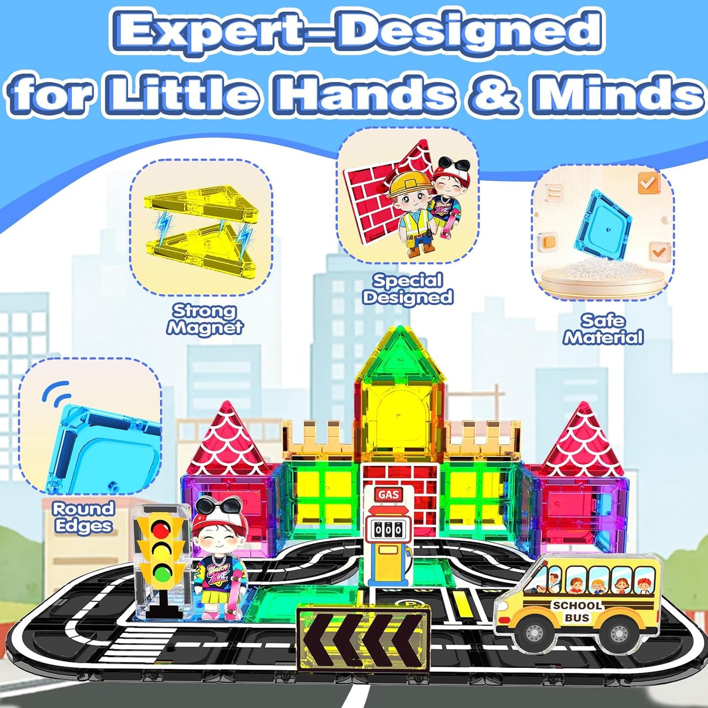 Goodtiles Magnetic Tiles Road Expansion Set, STEM Magnetic Building Blocks for Kids Ages 3-5 4-8 5-7, Preschool Learning Sensory Kids Toys for Toddler Birthday