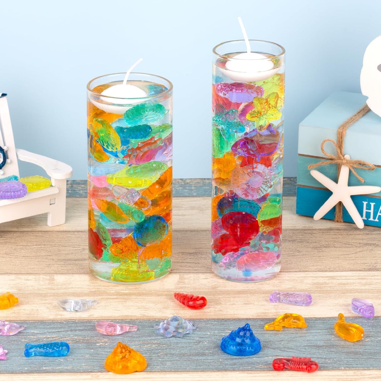 QEQEKAKA 100pcs Ocean Sensory Bin Filler Kit - Plastic Seashells Acrylic Gems for Diving, Vase Filler Decor, Mermaid Pool Treasure Hunt (0.5"-1.3" Fake Beach Shells)