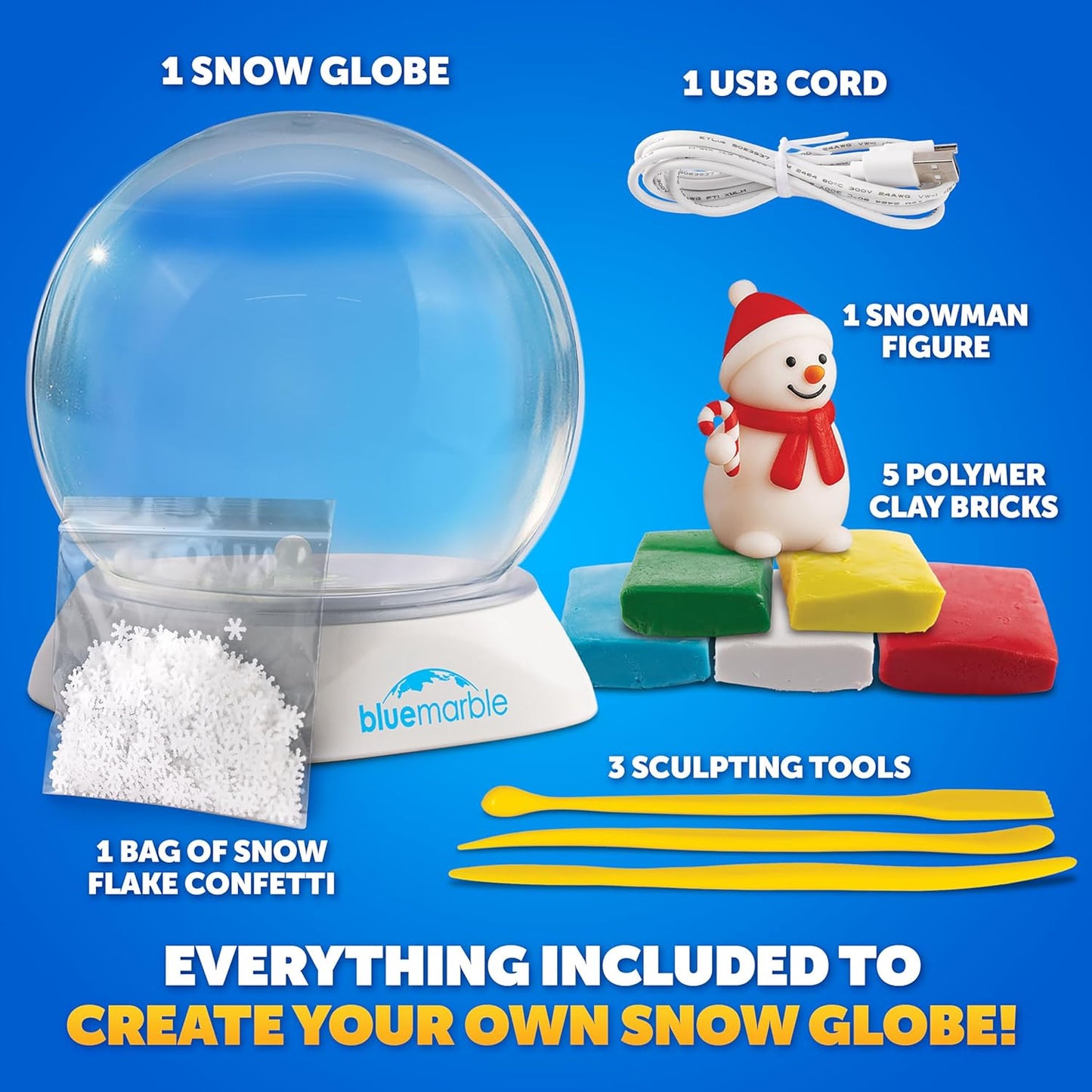 Blue Marble Light-Up Christmas Snow Globe for Kids Kit – Create a Holiday Scene with Clay, Snowflake Confetti & Snowman Figure, Plastic Snow Globe Kit, Christmas Crafts for Kids, Stocking Stuffers