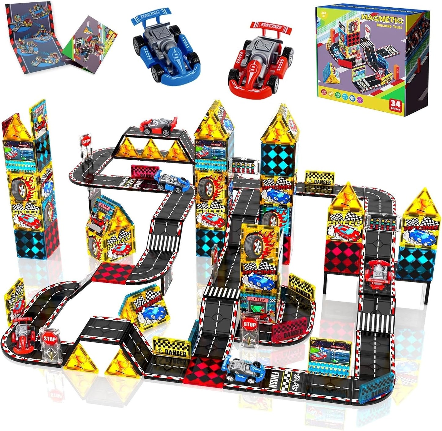 Magnetic Tiles Road Set, Rail Race Track with 2 Racer Cars, Magnetic Car Racing for Kids Ages 3 4 5 6 7 8, Magnet Building Blocks STEM Toy Birthday Gifts for 3＋ Years Old Boys Girls