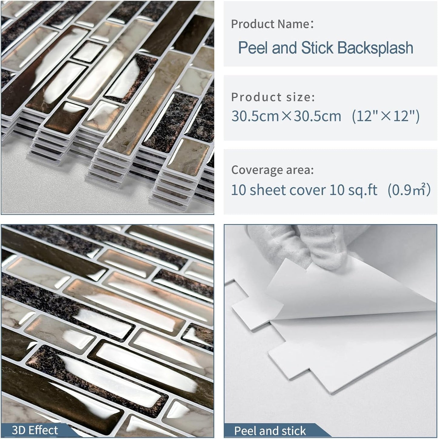 Thick Peel and Stick Backsplash Tile 12"x12" 3D Self Adhesive Marble Tiles for Kitchen and Bathroom Wall (10-Sheet,Brown)