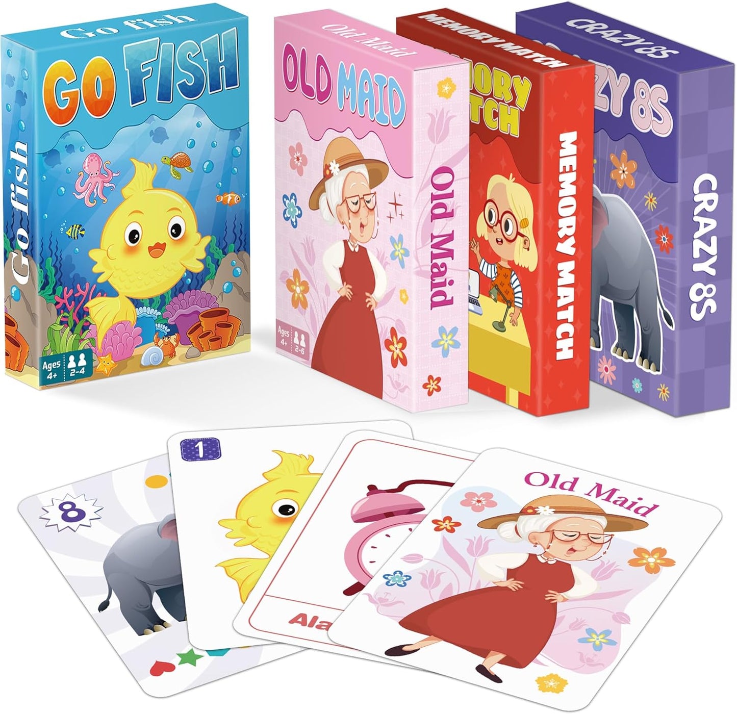 Kids Card Games, Go Fish, Old Maid, Memory Match and Crazy 8s, Go Fish Card Game for Kids 4-8, Fun Toddler Card Games for Family Game Night Party Games, Easter Basket Stocking Stuffers Birthday Gifts