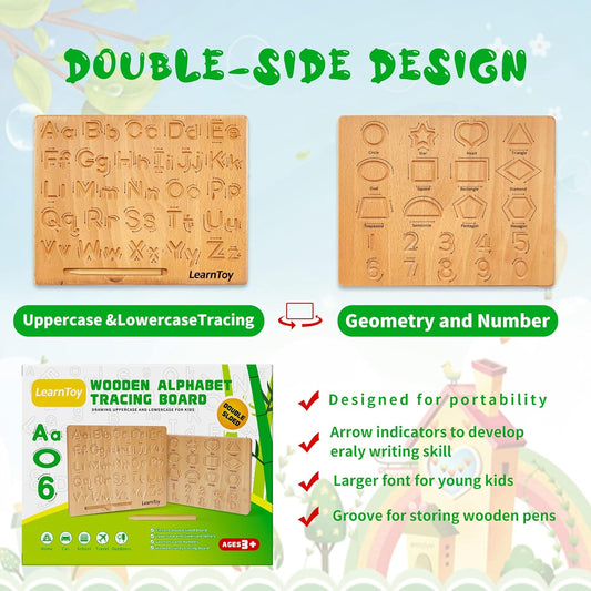 LearnToy Montessori Wooden Alphabet Tracing Board - Educational Toy for Kids - Fine Motor Skills Development - Double-Sided Writing Practice - Ideal Gift for Preschool 3-5 Years Old.