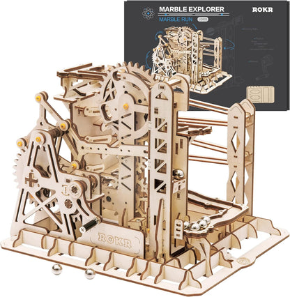ROKR 3D Assembly Wooden Puzzle Brain Teaser Game Mechanical Gears Set Model Kit Marble Run Set Unique Craft Kits Christmas/Birthday/Valentine's Gift for Adults & Kids Age 14+(LG503-Lift Coaster)
