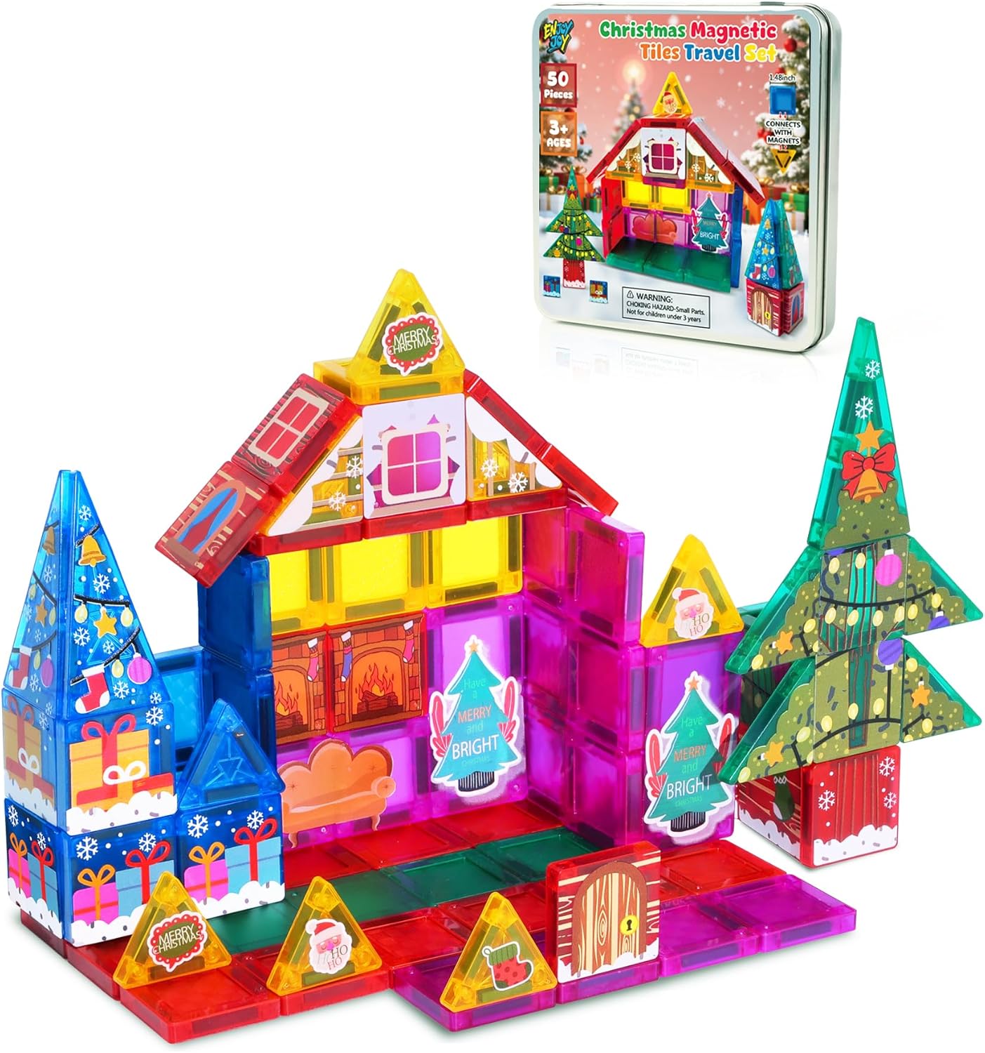 Enjoyjoy Mini Magnetic Tiles - 50PCS Travel Magnetic Tiles Set with Metal Case Portable On-The-Go Magnet Tiles for Kids Magnet Building Blocks Ages 3+ Boys and Girls Christmas Birthday Gift