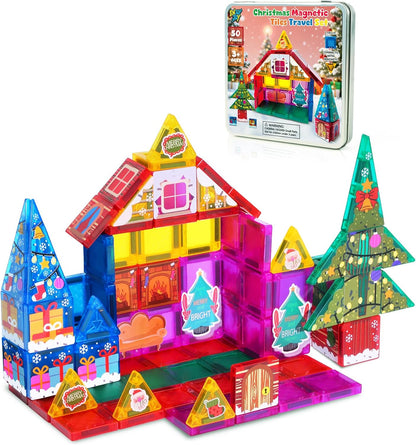 Enjoyjoy Mini Magnetic Tiles - 50PCS Travel Magnetic Tiles Set with Metal Case Portable On-The-Go Magnet Tiles for Kids Magnet Building Blocks Ages 3+ Boys and Girls Christmas Birthday Gift