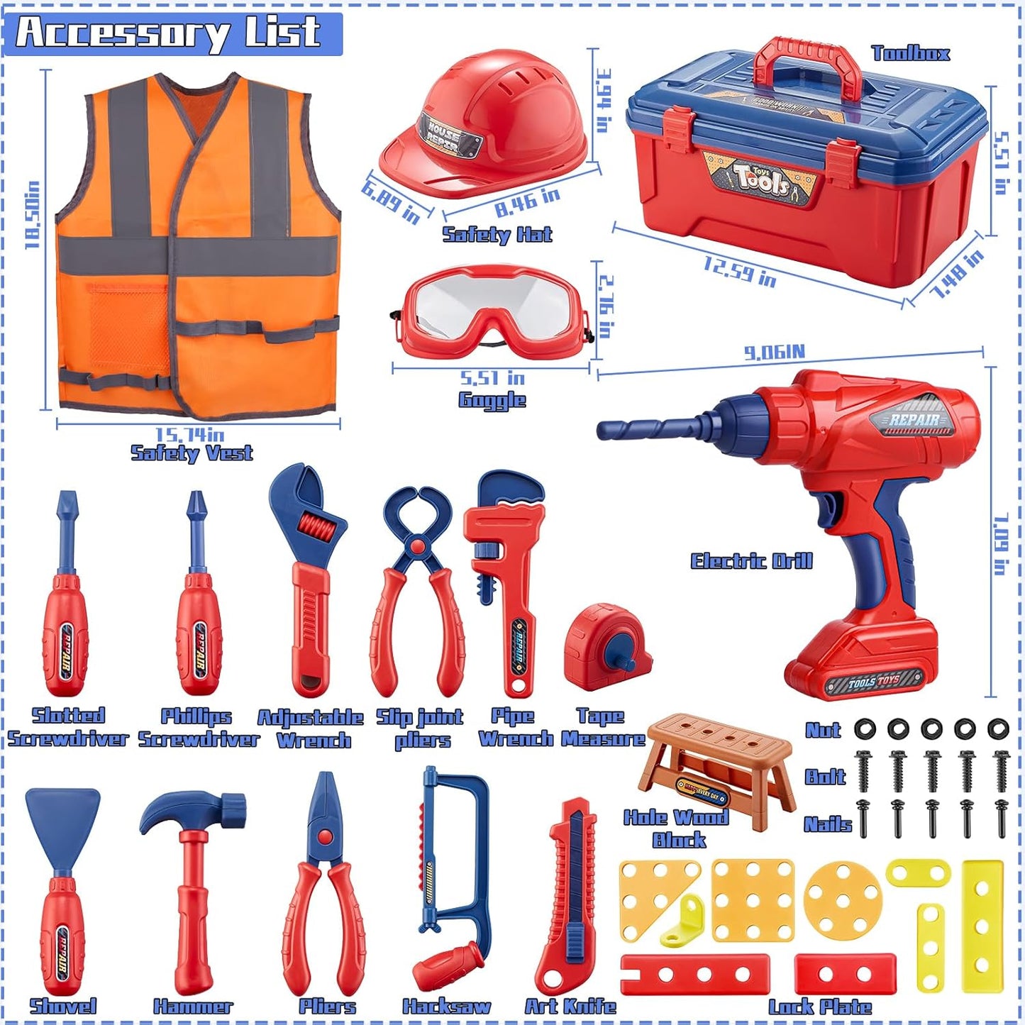 Kids Tool Set,MAGIC4U Toddler Tool Set with Tool Bag,11 Tools Equipements,Pretend Play Construction Kits for Kids Age 3-6 Years Old,Toddler Boy Toys