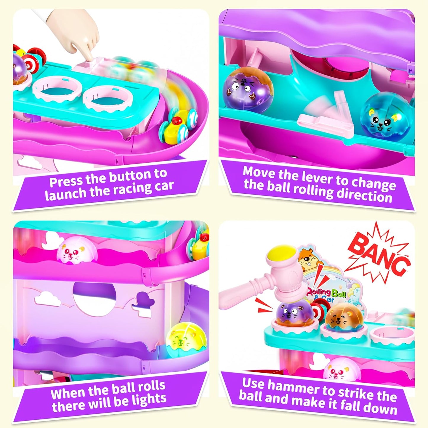 Funwee 2-in-1 Light Up Rolling Ball & Racing Car Ramp Toddler Toy, Race Track Hammer Ball Drop Toys, Interactive Montessori Learning Game for Kids 1-5+ Year Old Girl Boy Gift(Pink)