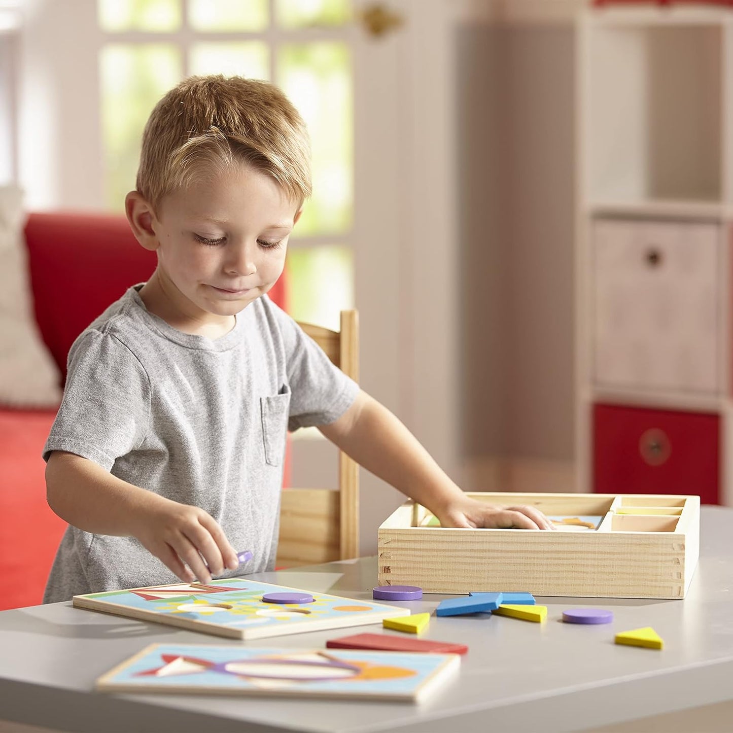 Melissa & Doug Beginner Wooden Pattern Blocks Educational Toy (5 Double-Sided Scenes and 30 Shapes, Great Gift for Girls and Boys - Best for 3, 4, and 5 Year Olds)