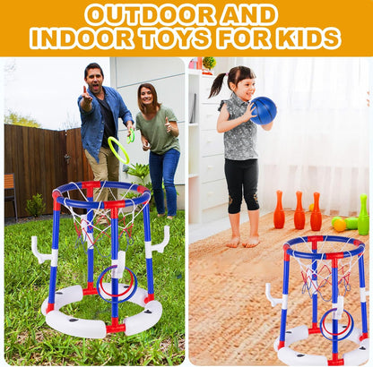 Taotuo Red Floating Pool Basketball Hoop, 2-in-1 Basketball & Ring Toss Game with 4 Balls, 6 Rings&Pump, Summer Pool Toys Outdoor Water Fun Family Party for Age 3-12