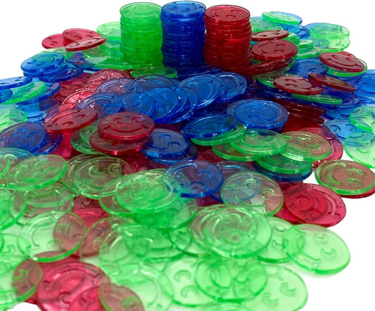 MR CHIPS Bingo - 3/4" Size 100/300/600/1200 Counting Markers in Red, Blue and Green Colors Smiley Face Design