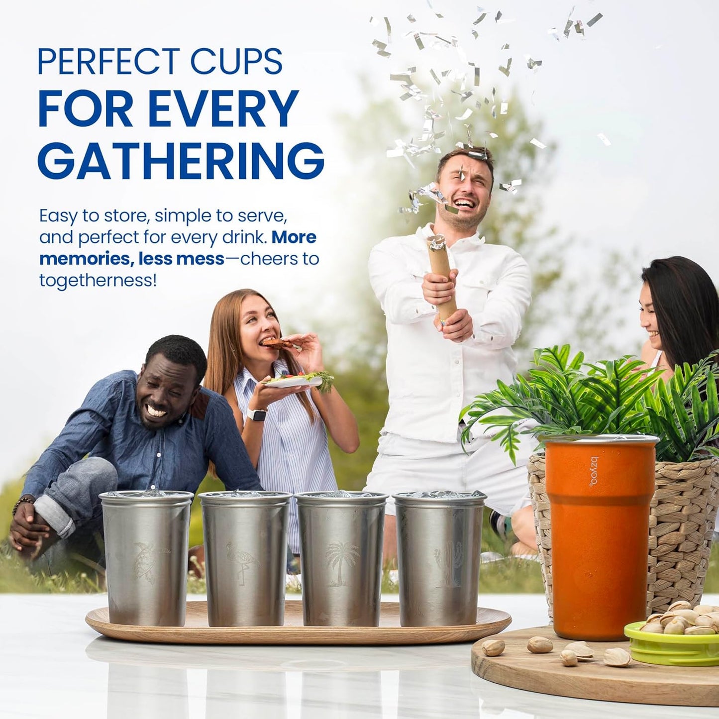 bzyoo 5-Piece Nesting Camping Cups Set - 9oz Stackable Stainless Steel Mugs with Patterned Designs & Integrated Carry Hook, Space-Saving Portable Outdoor Mess Kit for Family Hiking, Backpacking & RV