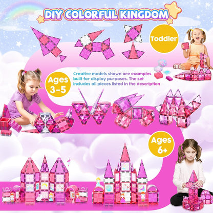 101PCS Magnetic Blocks Set Including Cars and Accessories, Princess Magnet Building Tiles Sets, Castle Magnet Blocks STEM Toys for Girls Kids Ages 3 4 5 6 7 8 9+ Year Old