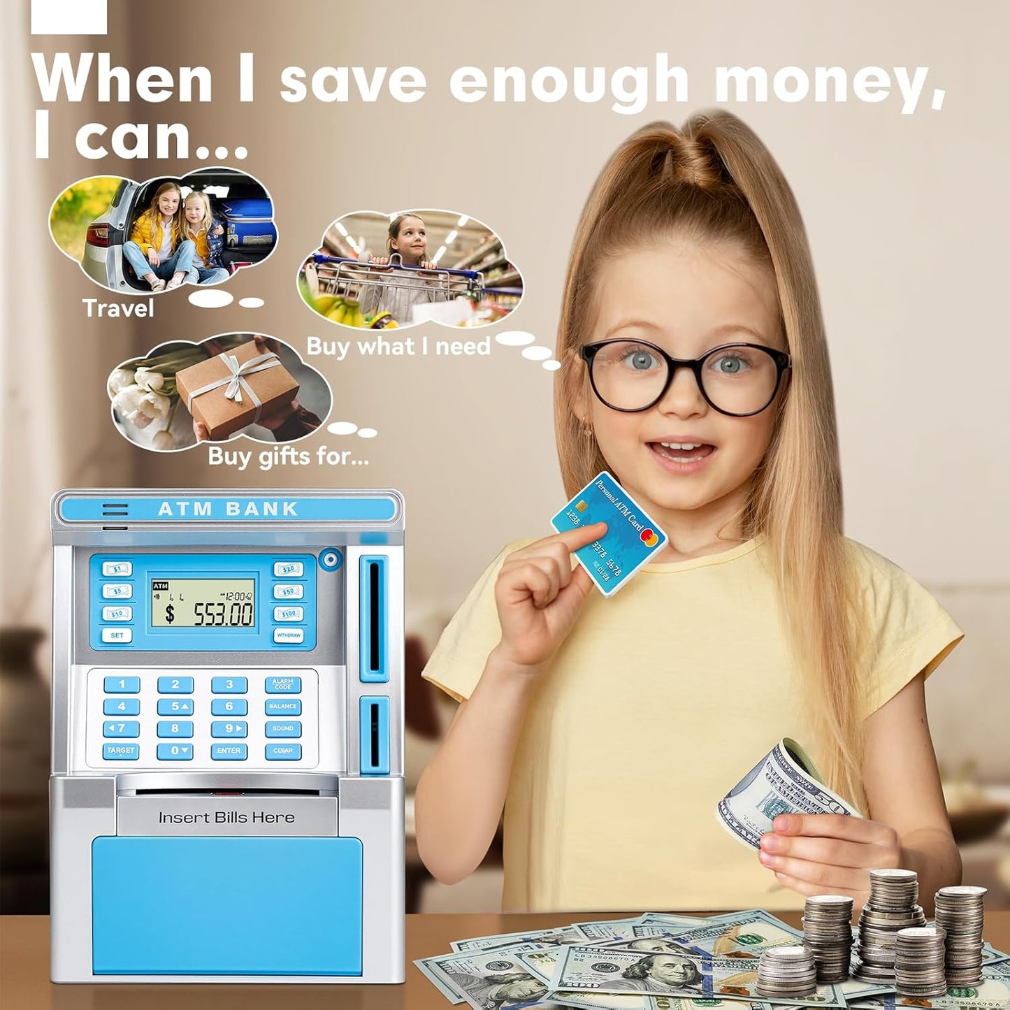 ATM Piggy Bank for Kids, ATM Machine for Real Money with Debit Card, Bill Feeder, Coin Recognition, Balance Calculator, Electronic Savings Safe Box, Gifts for Teen Boys Girls