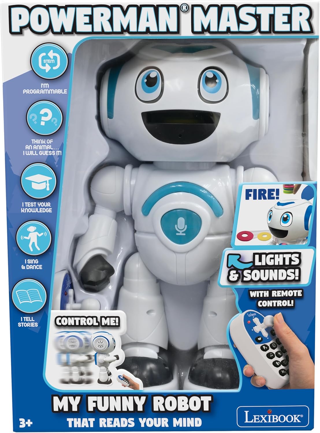 LEXiBOOK Powerman Max - Remote Control Walking Talking Toy Robot STEM Programmable Dances Sings Telling 10,000 Stories 300+ Learning Quiz Shooting Discs and Voice Repeat for Kids 4+ - ROB80EN, White