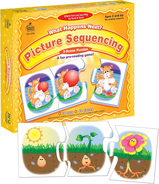 Carson Dellosa What Happens Next? Pre-Reading Puzzle Game Set, Colorful 3-Scene Picture Sequencing Phonics Game with 14 3-Scene Puzzles, Ages 4+ (42 pc)