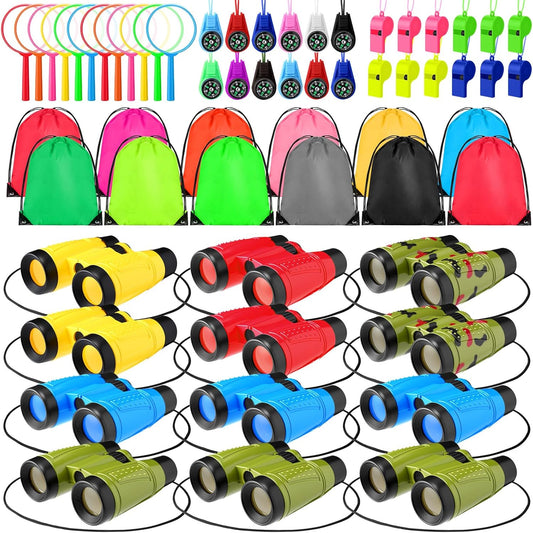 Foilswirl 12 Set Binocular Compass Magnifying Glass Set Christmas Birthday Gift Small Telescope Binocular with Whistle Bag for Outdoor Exploring Stocking Stuffer(Multiple Color,Classic)