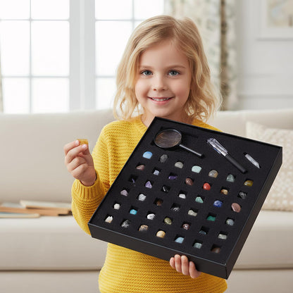 Natural Crystal Mineral Collection Kit - 43 Pcs Natural Rocks & Gemstones with Magnifying Glass, Pen & Crystal Guidebook, Geoscience Starter Collection Set for Kids & Adults Rock Enthusiasts