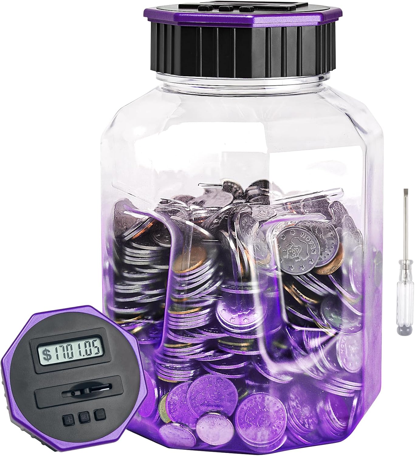 X-Large Piggy Bank for Adults Kids, Vcertcpl Digital Coin Counting Bank with LCD Counter, 2.4L Capacity, Great Coin Counter Bank Money Counting Jar with Total Amount Displayed (Purple)