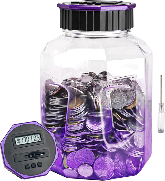 X-Large Piggy Bank for Adults Kids, Vcertcpl Digital Coin Counting Bank with LCD Counter, 2.4L Capacity, Great Coin Counter Bank Money Counting Jar with Total Amount Displayed (Purple)