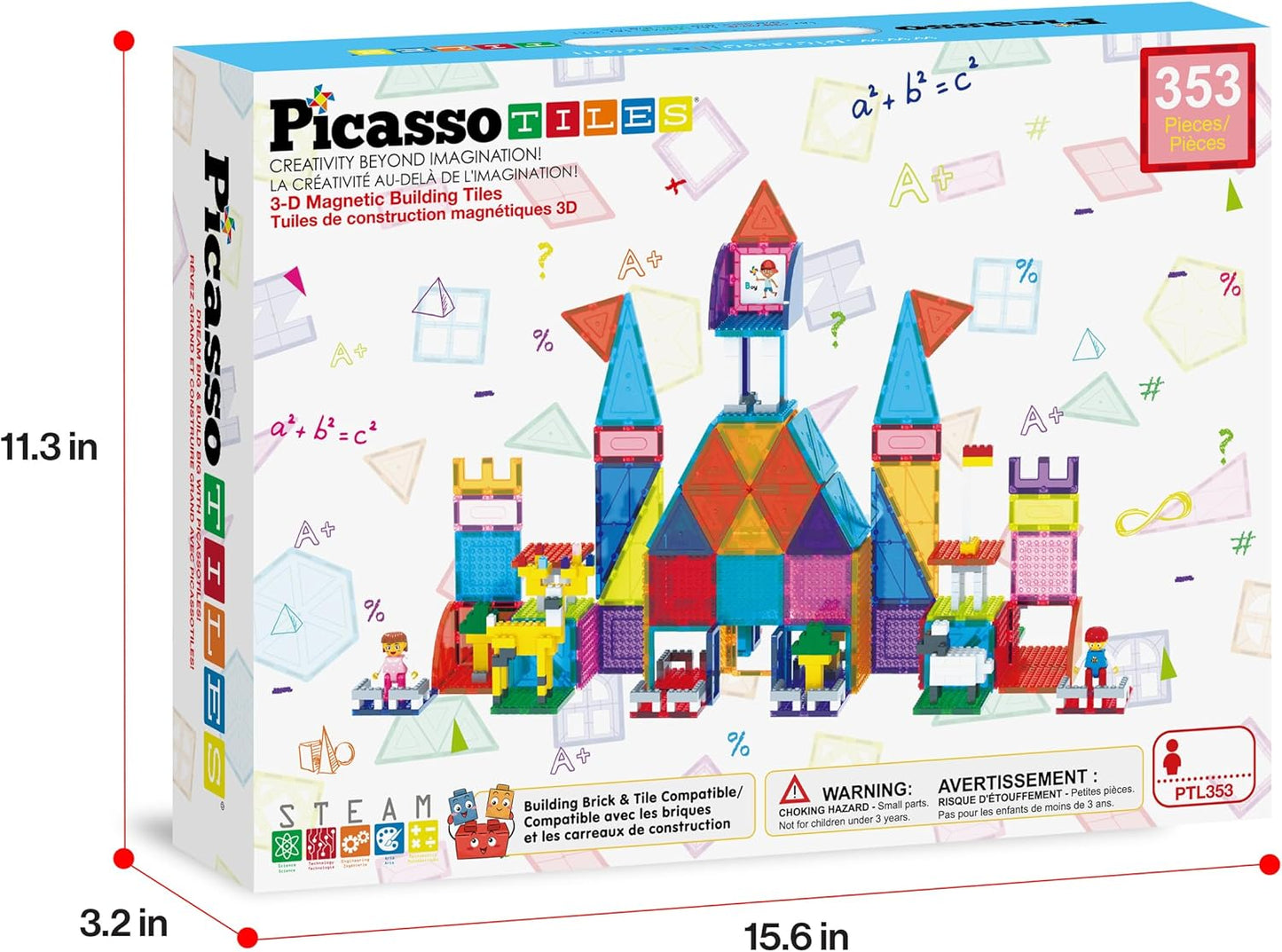PicassoTiles 333pcs Magnetic Brick Tile and Magnetic Tile Combo Set, Action Figures included, Building Blocks STEM Toys, Educational Montessori Preschool Toddler classroom learning toys, Kids activity