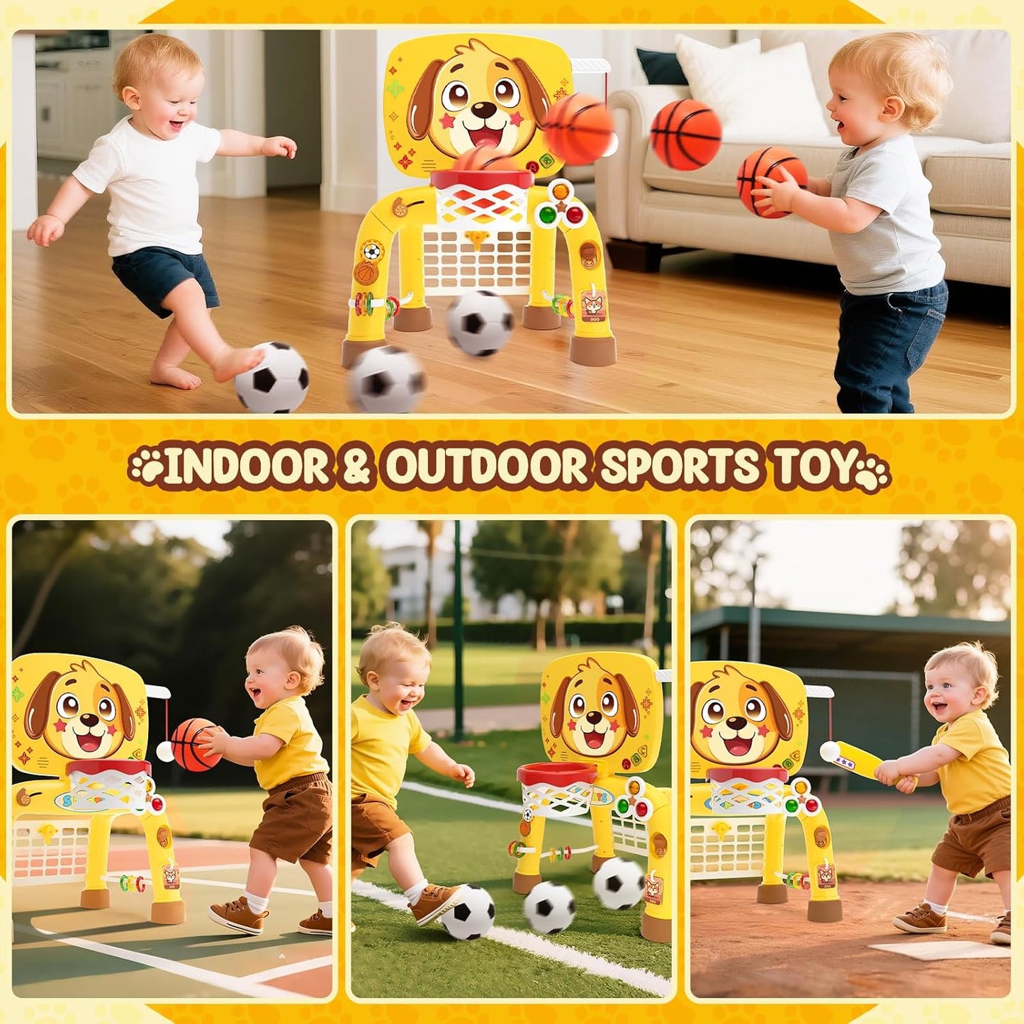 Toys for 1 Year Old Boy - Toddler Basketball Hoop & Soccer Goal & Baseball Activity Center with Light Sound Music, Puppy Montessori Sports Toy, Christmas Birthday Gift for Baby 12-18 Months, Yellow
