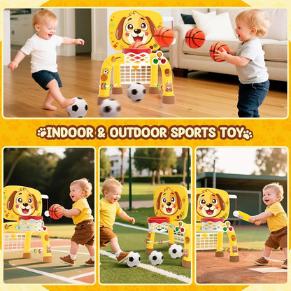 Toys for 1 Year Old Boy - Toddler Basketball Hoop & Soccer Goal & Baseball Activity Center with Light Sound Music, Puppy Montessori Sports Toy, Christmas Birthday Gift for Baby 12-18 Months, Yellow