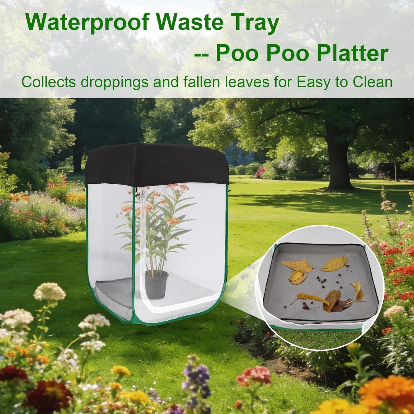Butterfly & Insect Habitat Cage 24" x 24" x 36", Extra Large Butterfly Enclosure with Poop Tray for Easy to Clean, Pop-up Caterpillars Mesh Cage Terrarium with Sunshade Top for Outdoor.