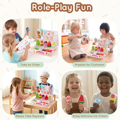 Ehome Wooden Ice Cream Toys Set Pretend Play Food Store for Kids Serve Ice Cream Counter Shop Kitchen Playset with Lucky Wheel, Scoop, Menu, Fake Money for Boys and Girls Ages 3 4 5 6 Birthday Gift