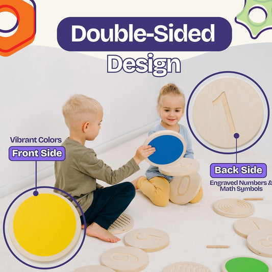 ComfyBumpy Wooden Stepping Stones for Kids | Set of 13 Montessori Stepping Stones for Toddlers - Double-Sided Stepping Stone Kit with Colors, Engraved Numbers and Shapes for Balance & Sensory Play