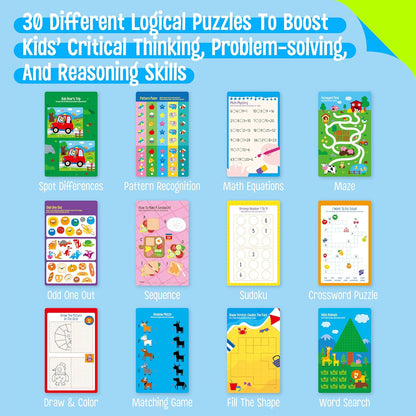 Logic Puzzles Game Pad, 30 Reusable & Erasable Logical Thinking Games-Sudoku, Scavenger Hunt, Math Games, Dry Erase Brain-Boosting Puzzles Activities Pad for Kids, Road Trip, Airplane & Car Travel