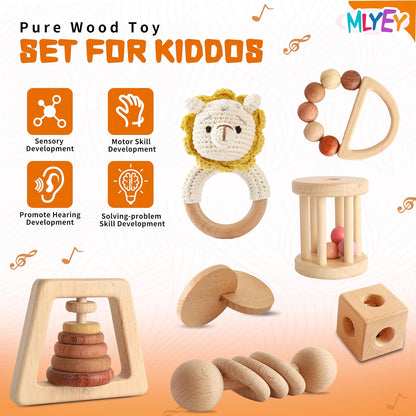 Wooden Rattles for Baby, 7PCS Wooden Montessori Toys for 7-24 Months Baby Boy Girl, Natural Beech Wood Grasping Toy, Gift for Babies