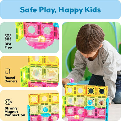 PicassoTiles Marble Run 60 Piece Race Track Magnetic Tiles Magnet Building Block Educational Construction Toy Set Playset STEM Learning Kit Child Brain Development HandEye Coordination Training PTG60