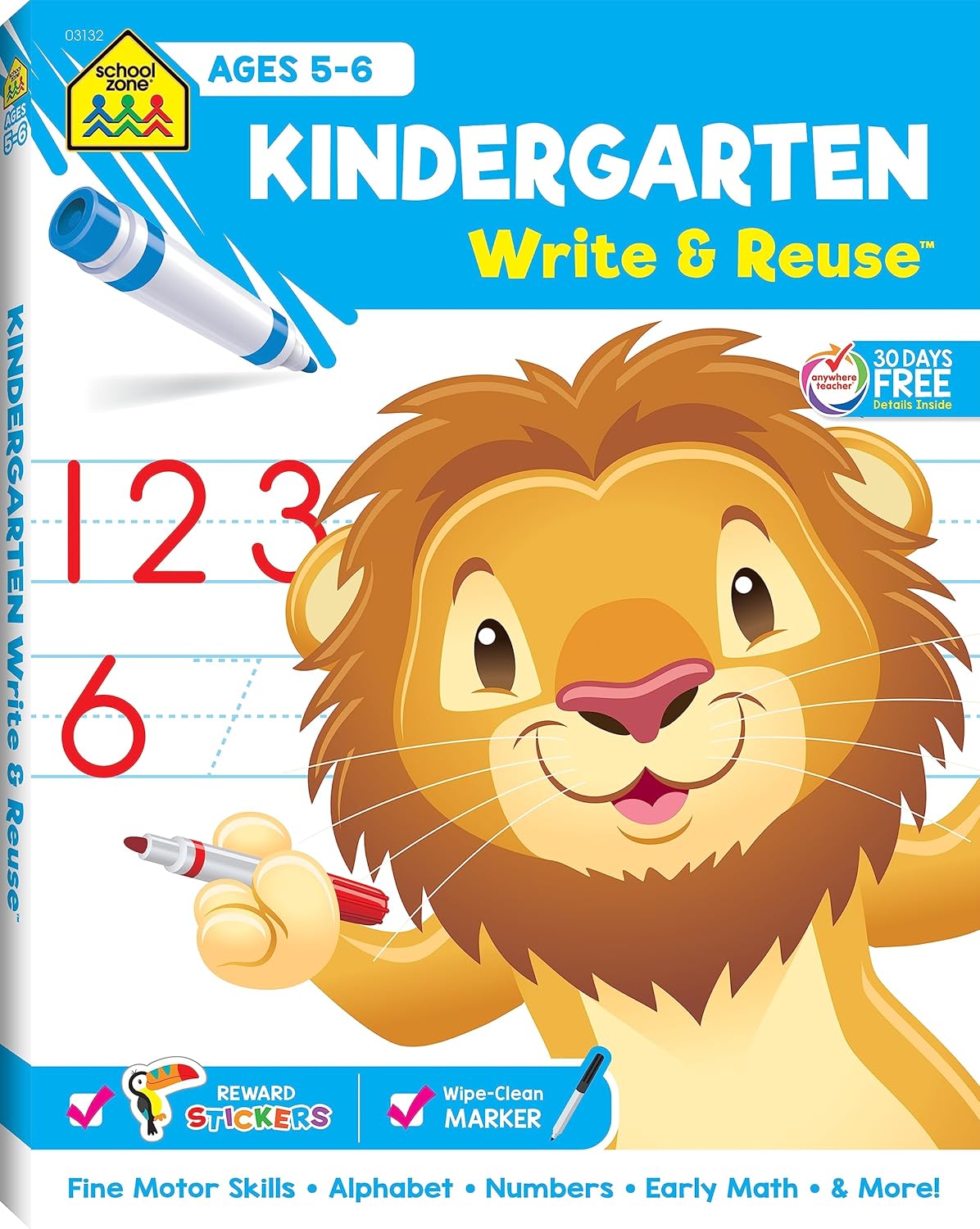 School Zone Kindergarten Write & Reuse™ Workbook: 52 Wipe-Clean Pages, Spiral-Bound, Early Math, ABCs, Counting, Ages 5-6, Includes Dry-Erase Marker