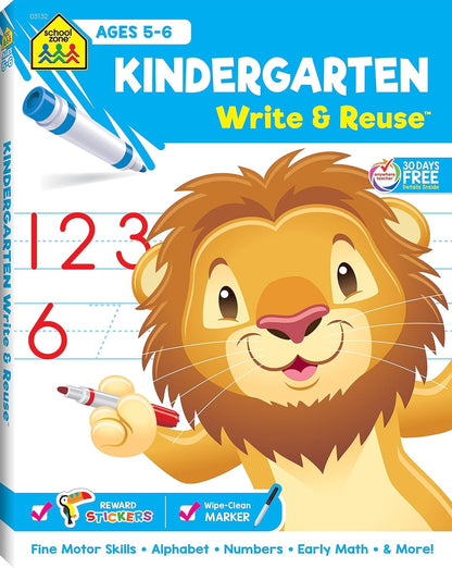 School Zone Kindergarten Write & Reuse™ Workbook: 52 Wipe-Clean Pages, Spiral-Bound, Early Math, ABCs, Counting, Ages 5-6, Includes Dry-Erase Marker