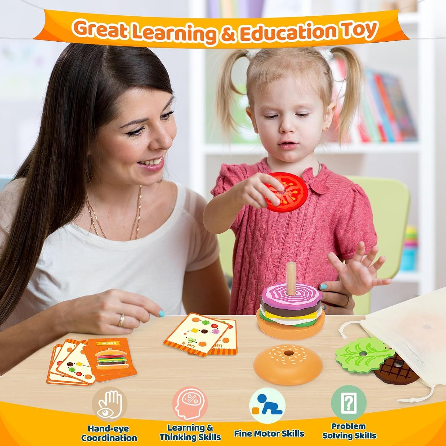 Jumlys Montessori Wooden Burger Stacking Toys for 2, 3, 4, 5 Year Olds, Fine Motor Toys for Kids Boys Girls, Ideal Preschool Educational and Learning Toys, Perfect Christmas Birthday Gifts